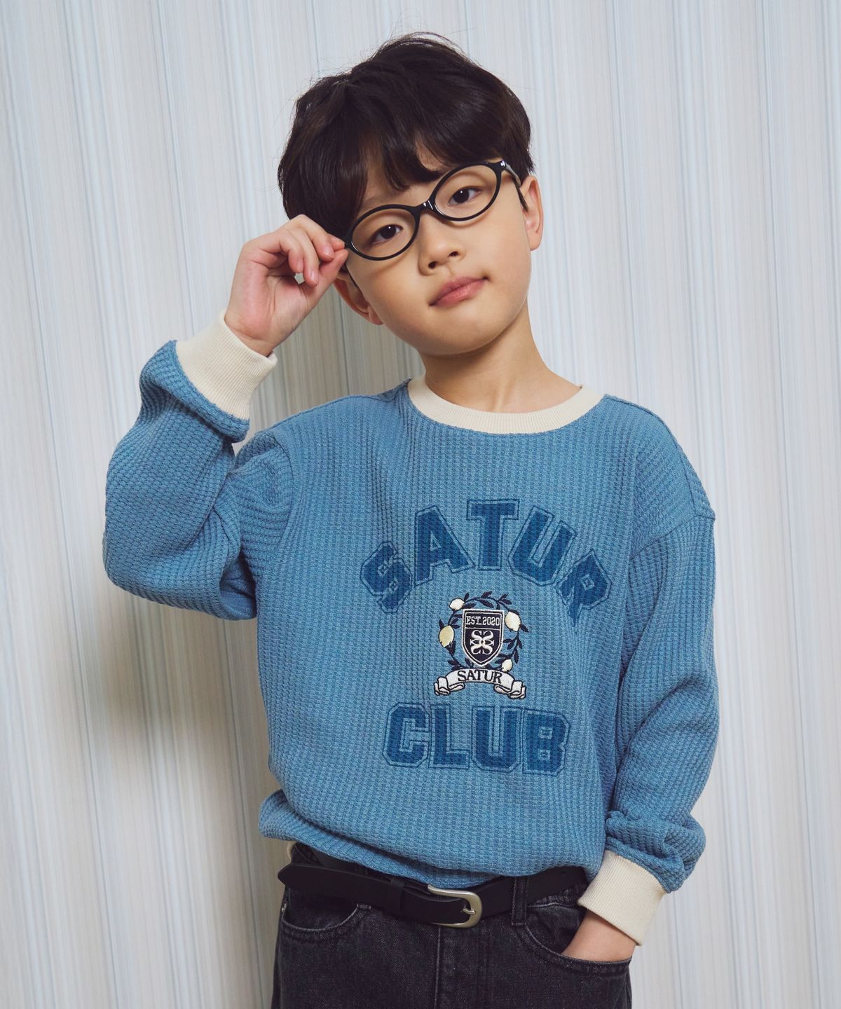 세터 키즈(SATUR KIDS) (K) 컬러 블록 와플 스웨트셔츠 블루
