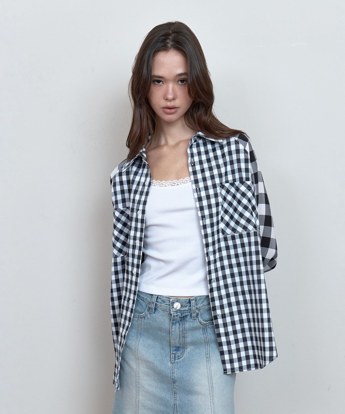큐리티(CURETTY) C COLOR BLOCK CHECK OVERSIZED SHIRT_BLACK