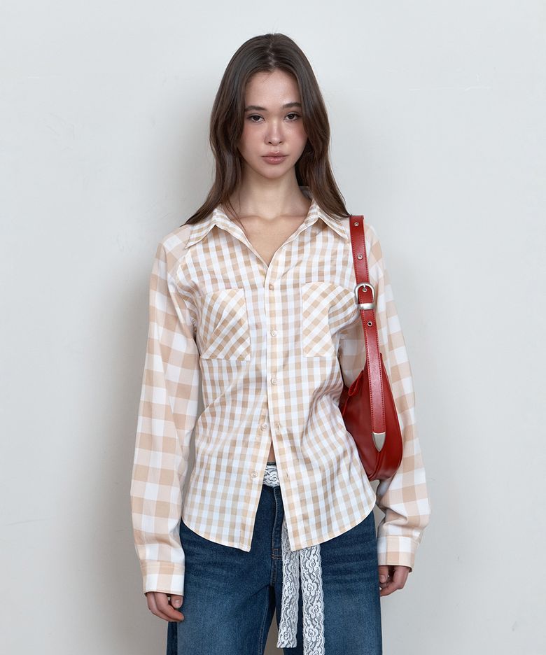 C COLOR BLOCK CHECK OVERSIZED SHIRT_BEIGE