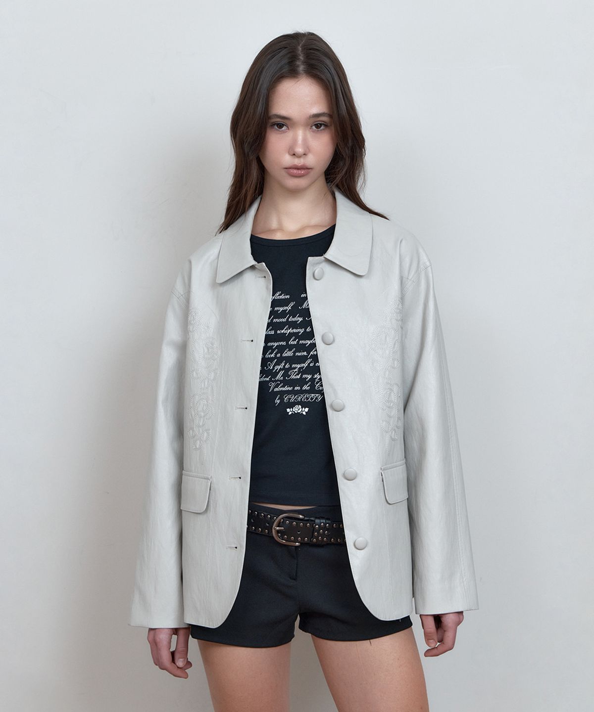 큐리티(CURETTY) C ROSE-STITCH LEATHER JACKET_GREY