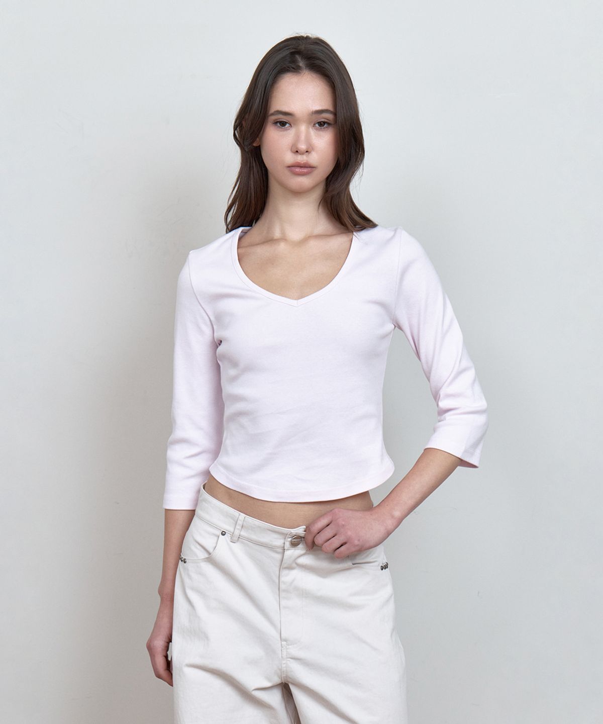 큐리티(CURETTY) C 90S LINE V-NECK T-SHIRT_LIGHT PINK