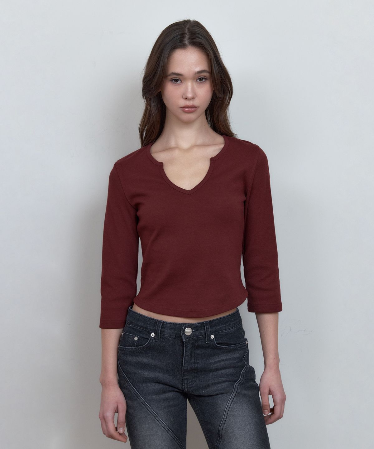 큐리티(CURETTY) C 90S LINE SLIT NECK T-SHIRT_BURGUNDY