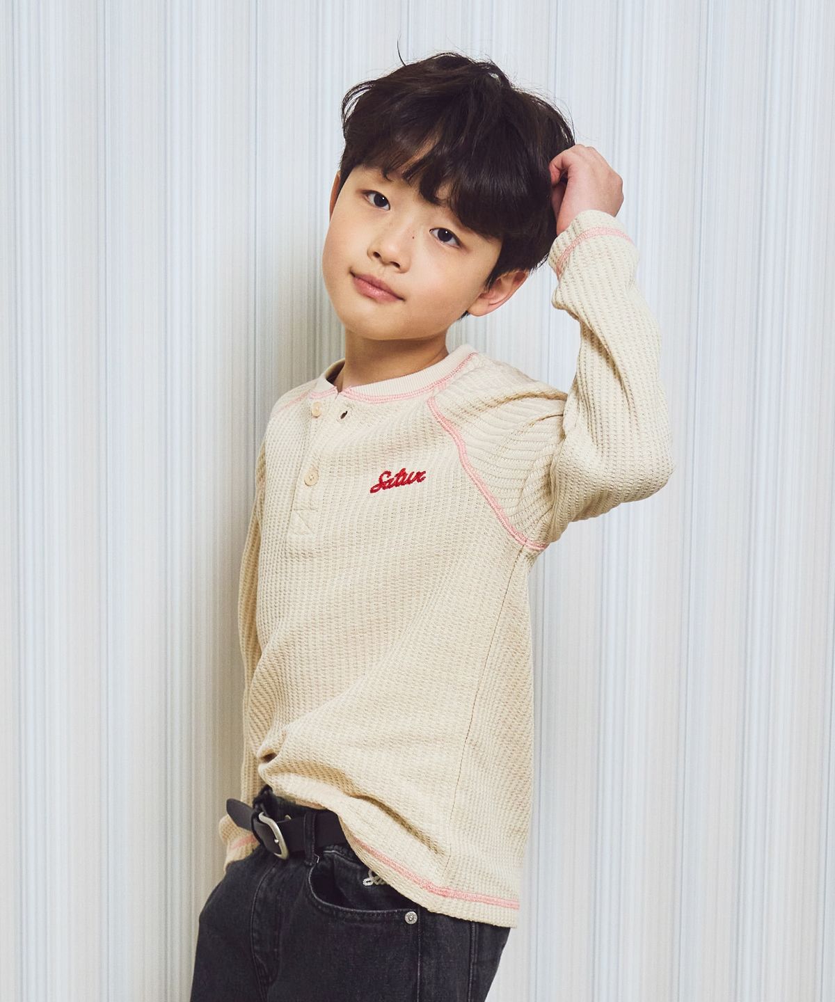 세터 키즈(SATUR KIDS) (K) 와플 헨리넥 티셔츠 크림