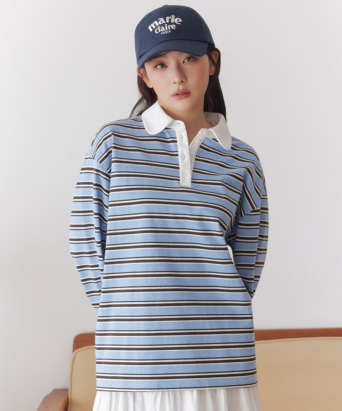 마리끌레르(MARIE CLAIRE) 스트라이프 럭비 카라 롱슬리브(MAGALS11MSB)