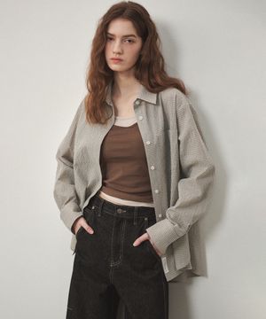 에센셜 오버핏 체크 셔츠 애쉬 블루