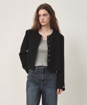 트위드 싱글 라운드 자켓 블랙