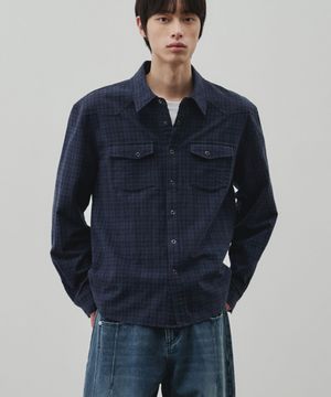 웨스턴 리니어 체크 크롭 셔츠 [네이비]