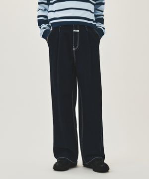 NEW M LOW-WAIST TUCK WIDE DENIM PANTS dark blue