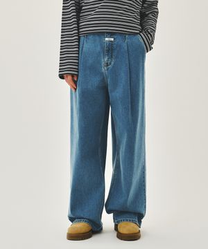 NEW M LOW-WAIST TUCK WIDE DENIM PANTS blue