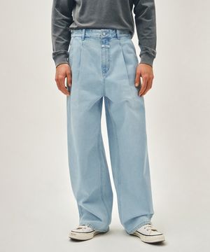 NEW M LOW-WAIST TUCK WIDE DENIM PANTS light blue