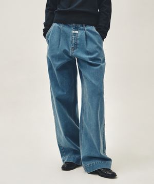 W LOW-WAIST TUCK WIDE DENIM PANTS blue