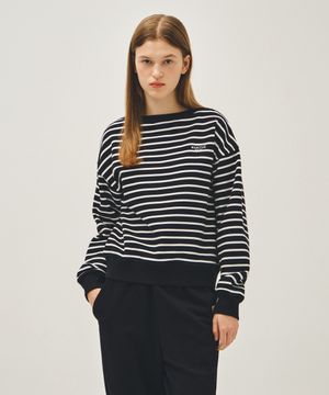 W STRIPE BOATNECK CROP SWEATSHIRT black