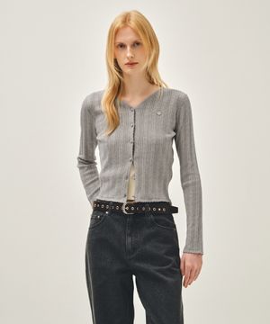 W V-NECK CROCHET KNIT CARDIGAN heather gray
