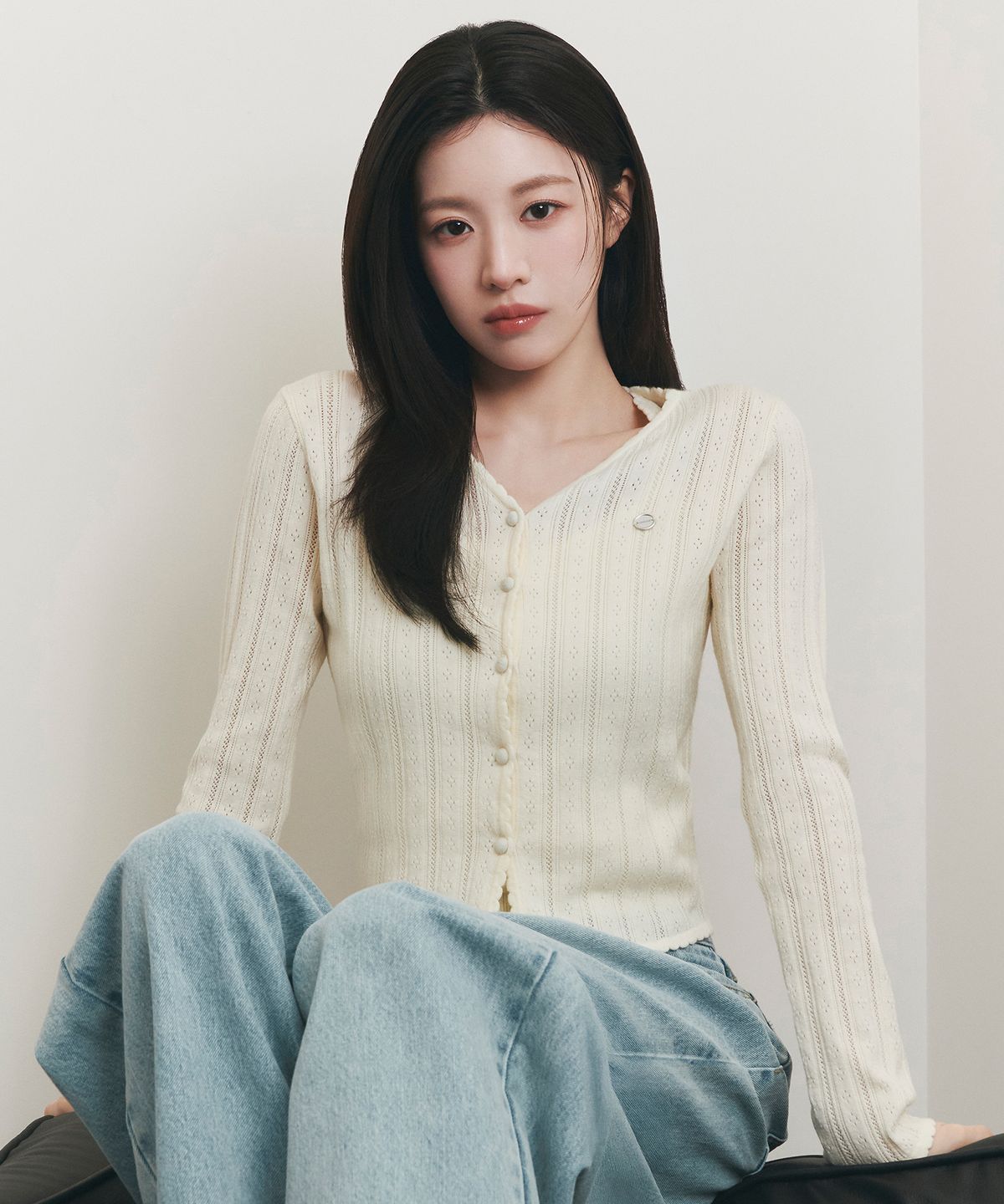 마리떼 프랑소와 저버(MARITHÉ + FRANҪOIS GIRBAUD) W V-NECK CROCHET KNIT CARDIGAN ivory