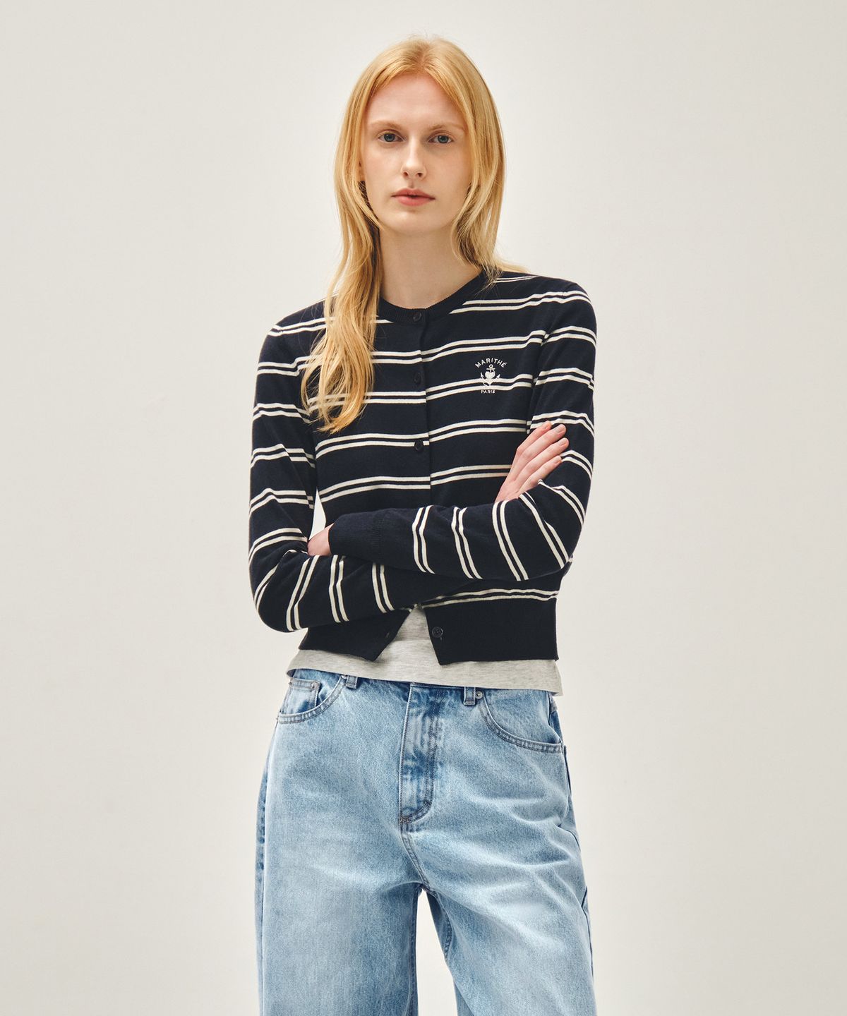 마리떼 프랑소와 저버(MARITHÉ + FRANҪOIS GIRBAUD) W STRIPE KNIT CARDIGAN navy