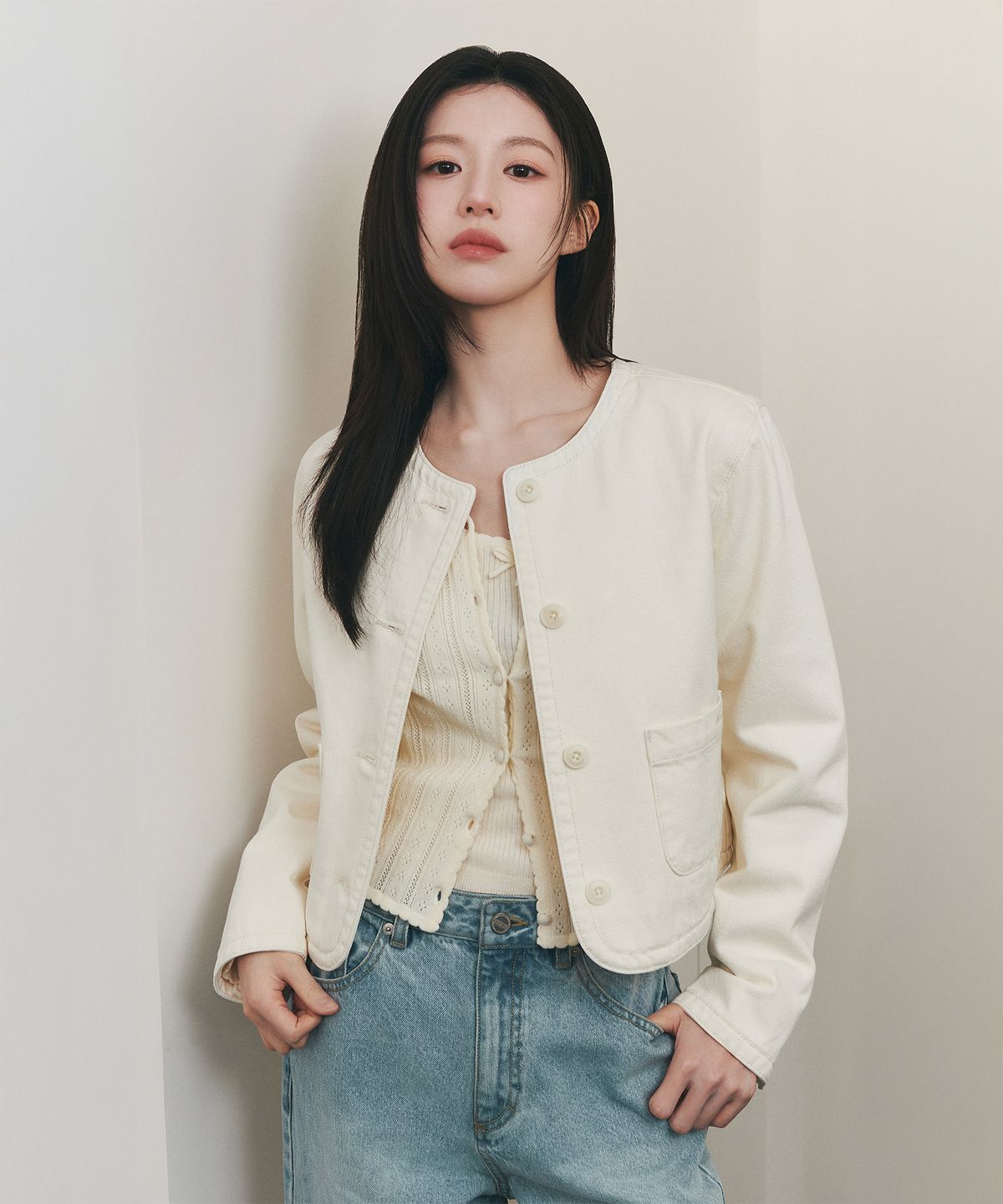 마리떼 프랑소와 저버(MARITHÉ + FRANҪOIS GIRBAUD) W ROUND NECK DENIM JACKET ecru