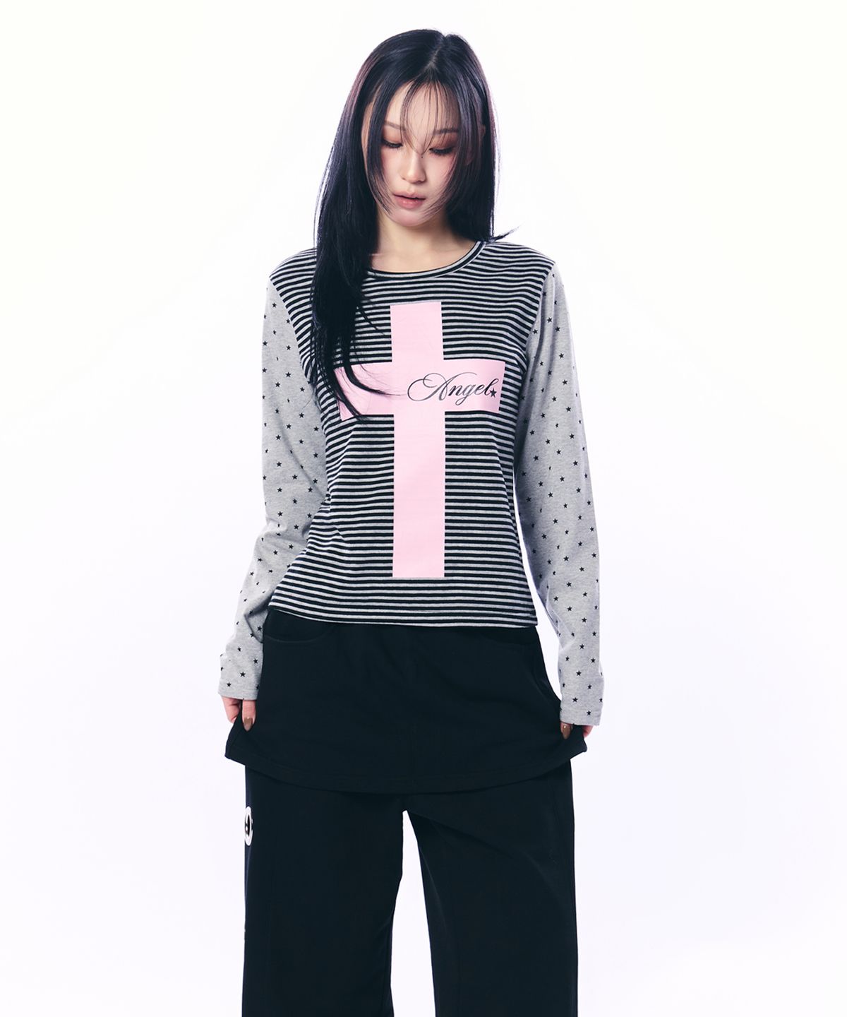 셋업이엑스이(SETUP-EXE) MIXED PATTERN TOP / GRAY