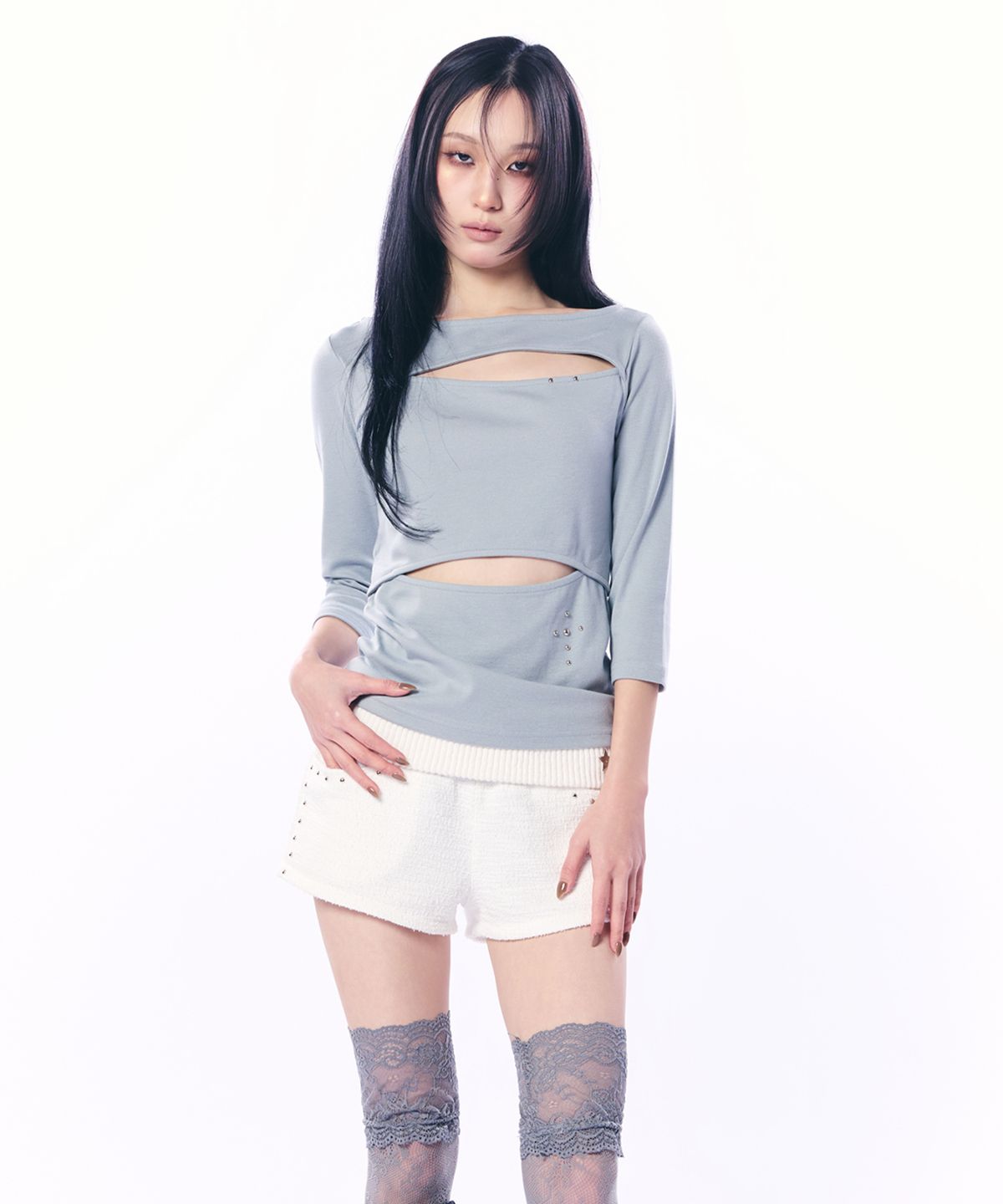 셋업이엑스이(SETUP-EXE) DOUBLE CUT-OUT TOP / MINT GRAY