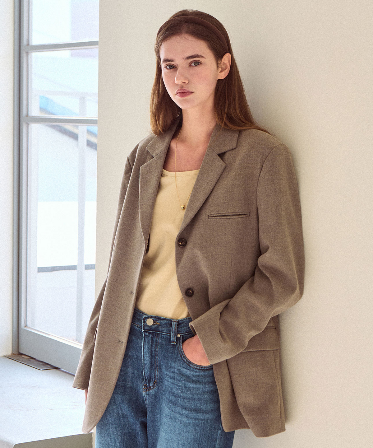 슬로우롤리(SLOWLOLLI) Loose grace blazer jacket - Taupe beige
