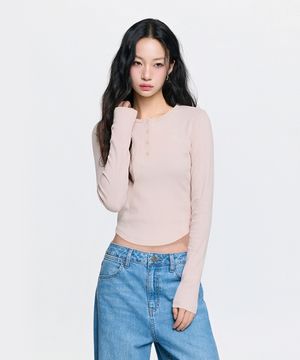 여성 빈티지 슬림 골지 헨리넥 긴팔 티셔츠 NY (Ptn.Coral)