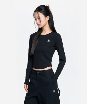 여성 빈티지 슬림 골지 헨리넥 긴팔 티셔츠 NY (Black)