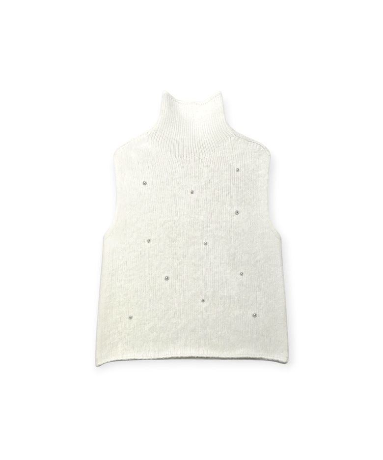 Snow Pearl Stud High-Neck Knit Vest (Ivory)