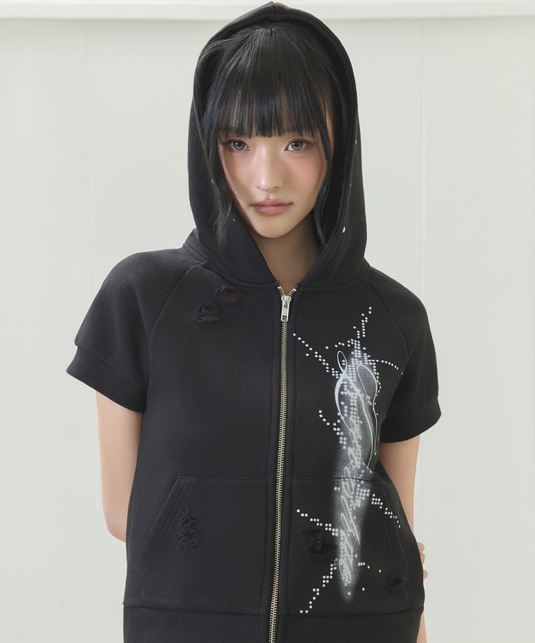 EL DAMAGE SHORT SLEEVED HOOD ZIP UP(BLACK)