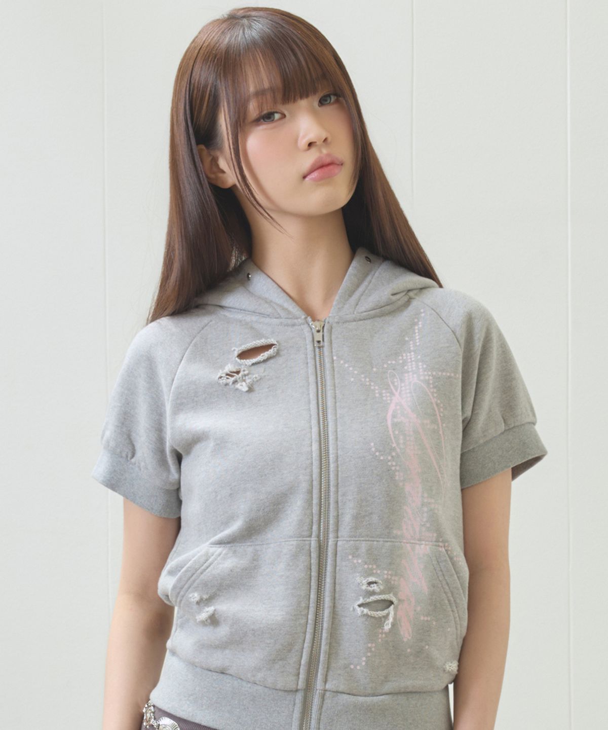 러브이즈트루(LUVISTRUE) EL DAMAGE SHORT SLEEVED HOOD ZIP UP(GRAY)