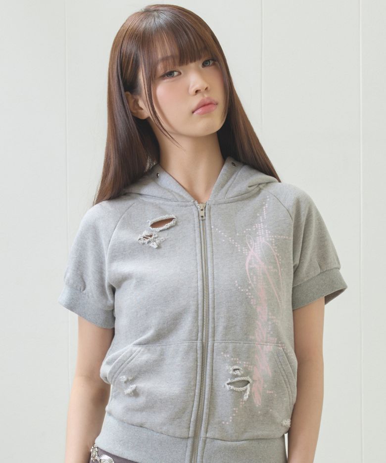 EL DAMAGE SHORT SLEEVED HOOD ZIP UP(GRAY)