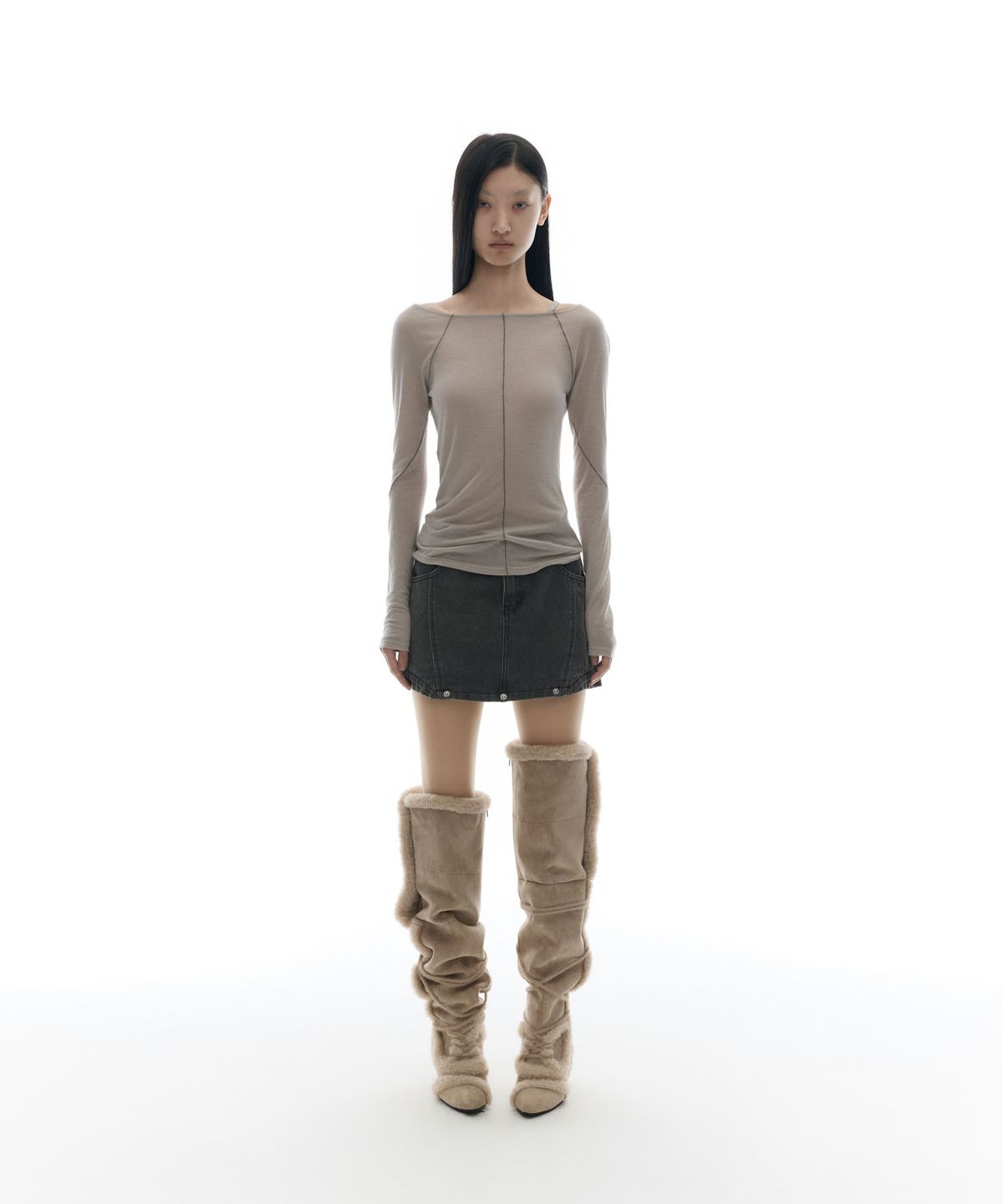 오호스(OJOS) Button Denim Mini Skirt / Khaki