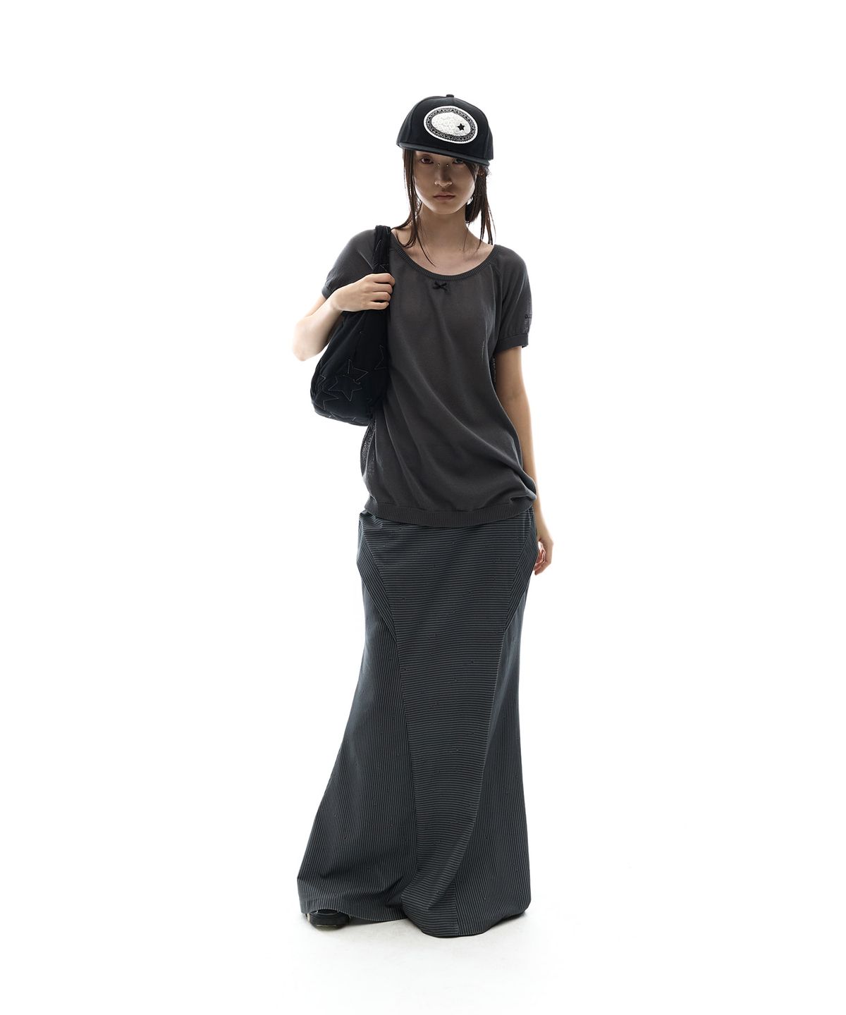 오호스(OJOS) Side Panel Mermaid Maxi Skirt / Light Black