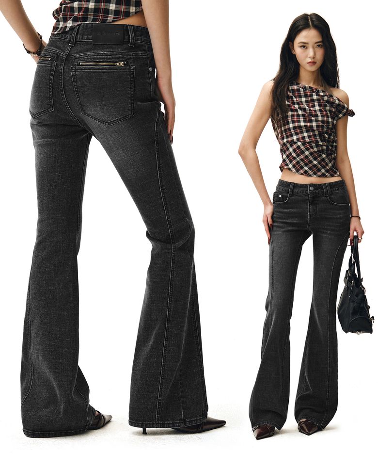 Zip Pocket Slim Low Rise Flared Jeans DCWPT021BLACK
