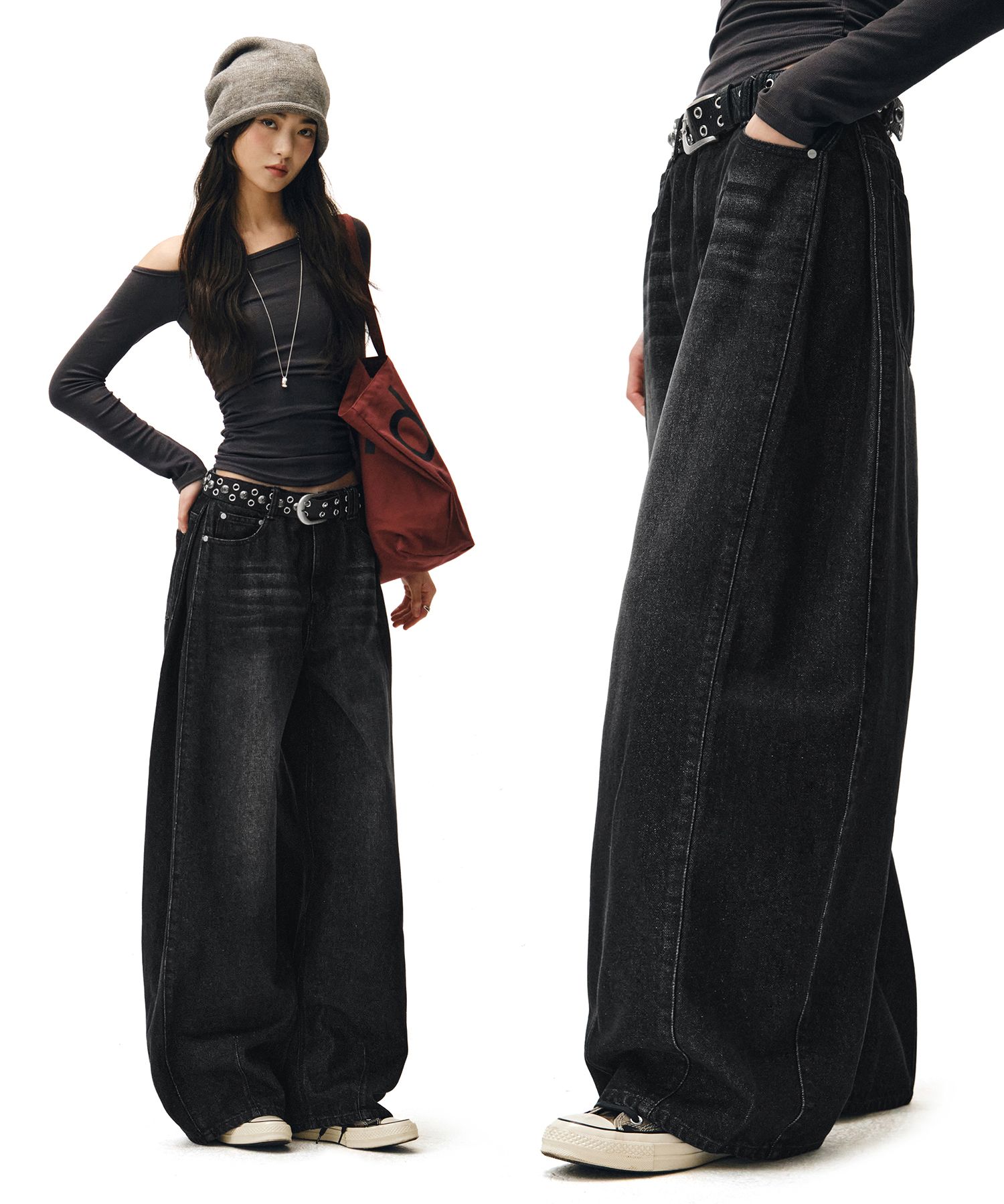 MUSINSA公式 | DECET WOMEN Side Pin Tuck Barrel Jeans DCWPT019BLACK
