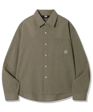 플라워 자수 크롭 체크 셔츠_카키
