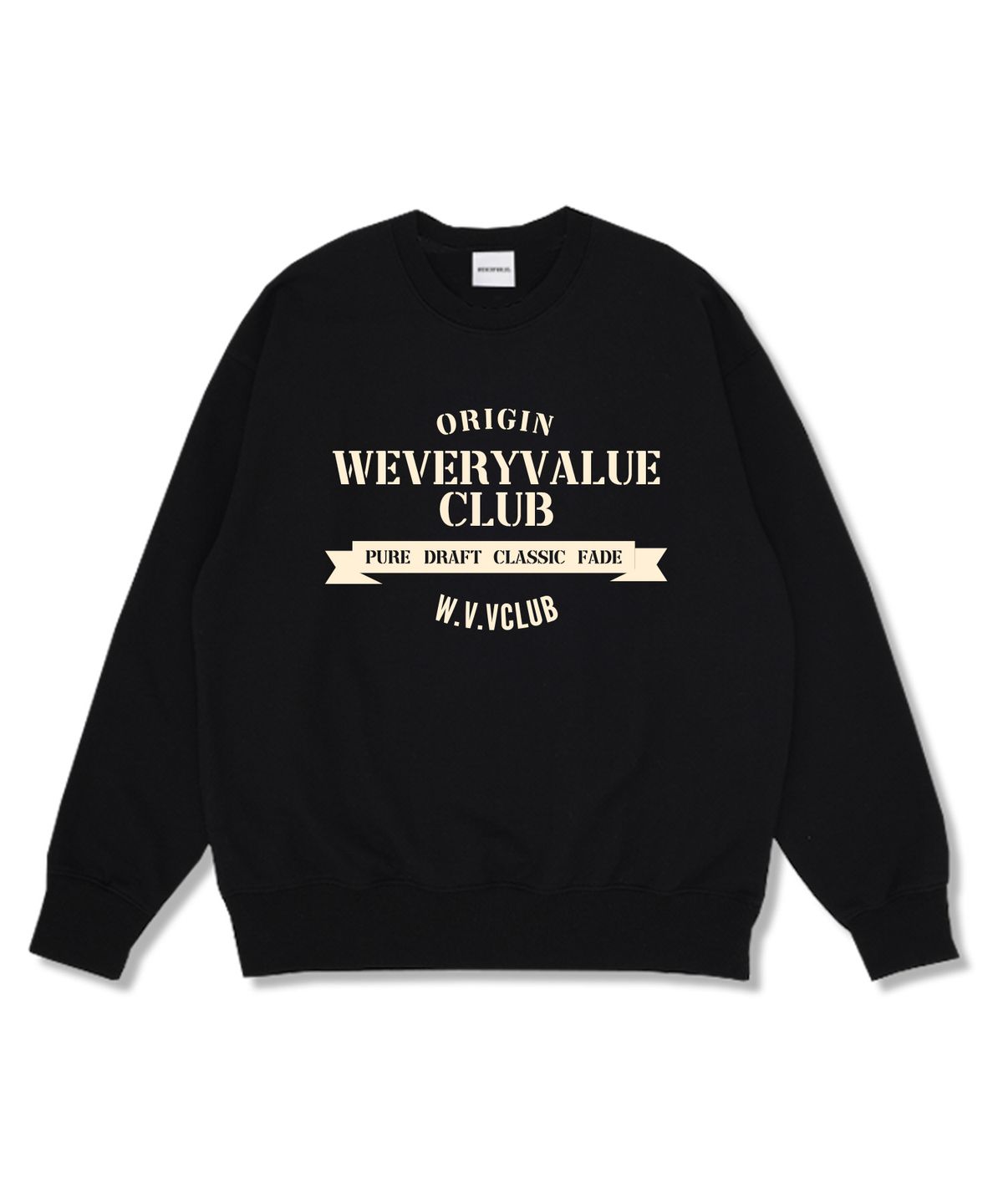 위베리벨류(WEVERYVALUE) 퓨어클럽 오버핏 특양면 맨투맨 블랙