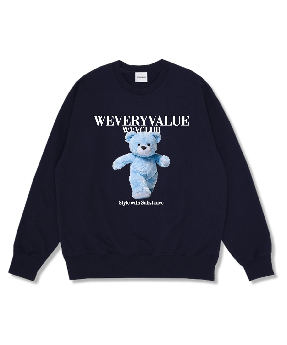 위베리벨류(WEVERYVALUE) 러닝베어 오버핏 특양면 맨투맨 네이비