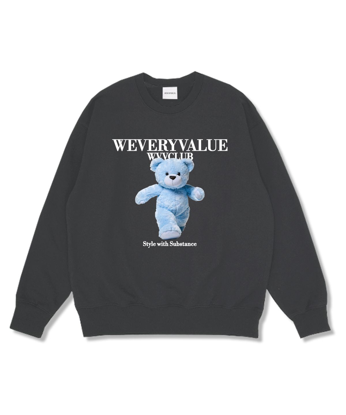 위베리벨류(WEVERYVALUE) 러닝베어 오버핏 특양면 맨투맨 다크그레이