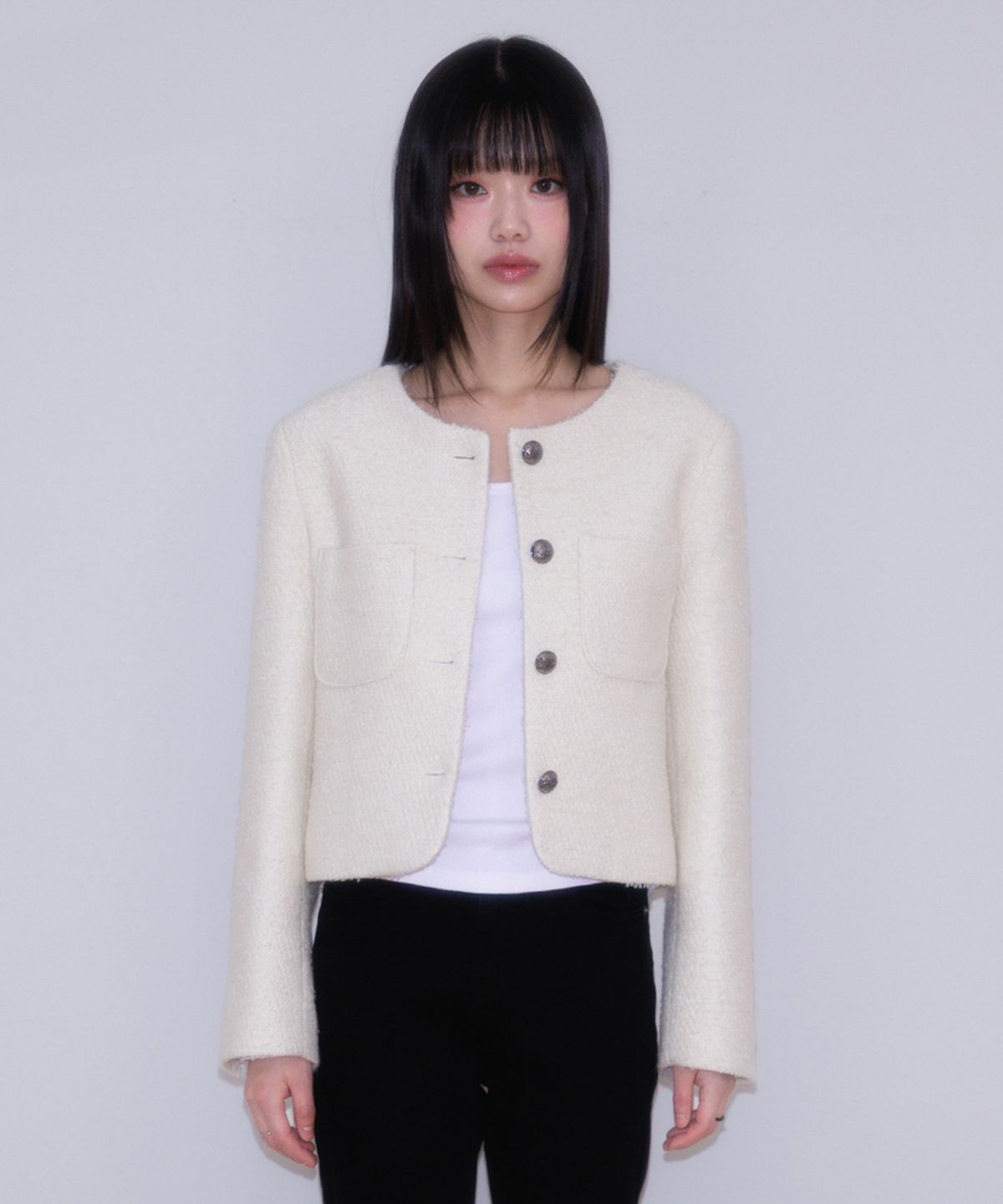 로제프란츠(ROSEFRANTZ) Classic Button Crop Tweed Jacket [Ivory]