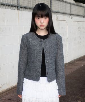 Classic Button Crop Tweed Jacket [Charcoal]