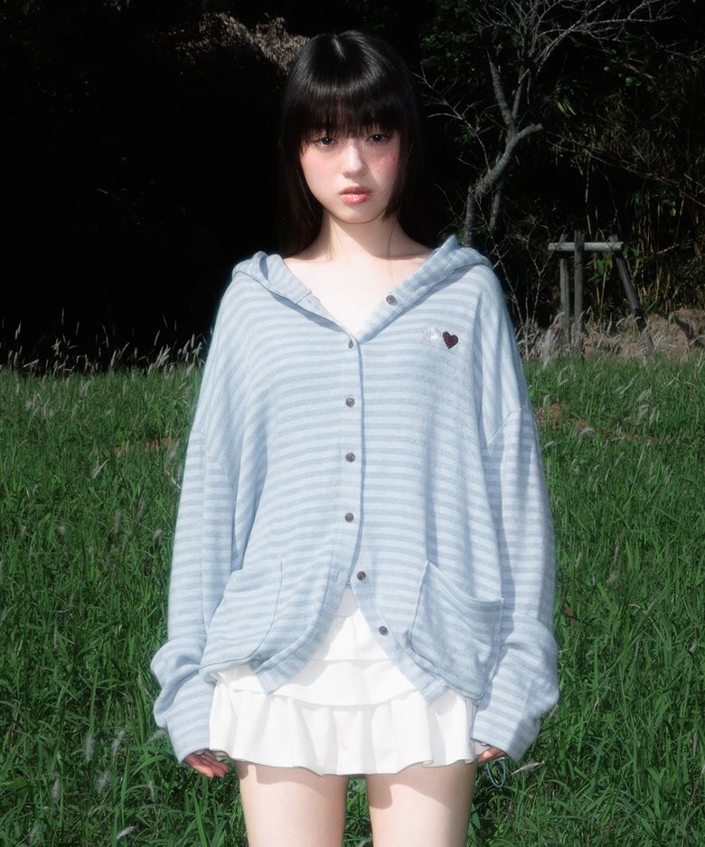Stripe Heart Hood Cardigan [Sky Blue]