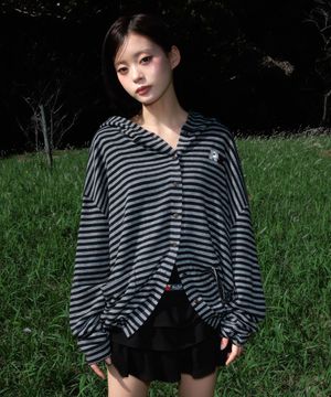 Stripe Heart Hood Cardigan [Black]