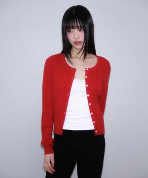 Cable Knit Basic Cardigan [Rose Red]