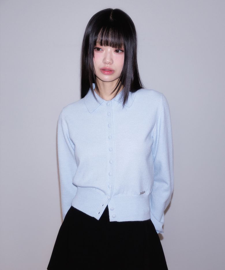 Fabric Button Collar Cardigan [Sky Blue]