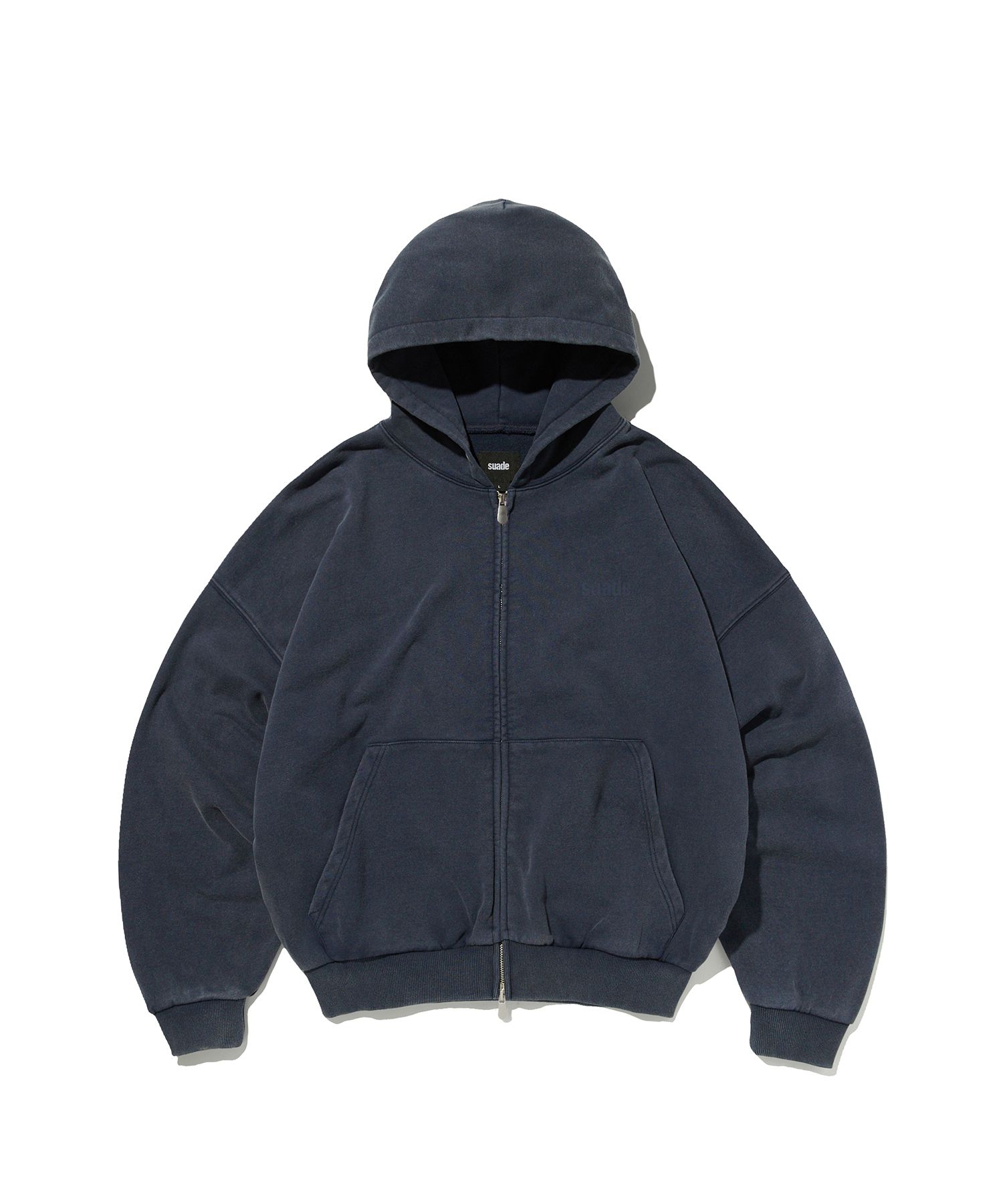 MUSINSA | SUADE CROPPED WASHED HOOD ZIP UP [WASHING NAVY]