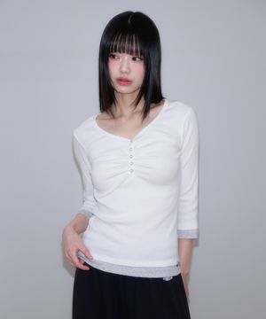 Shirring Button Layered Long Sleeve [Ivory]