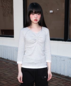 Shirring Button Layered Long Sleeve [White Melange]