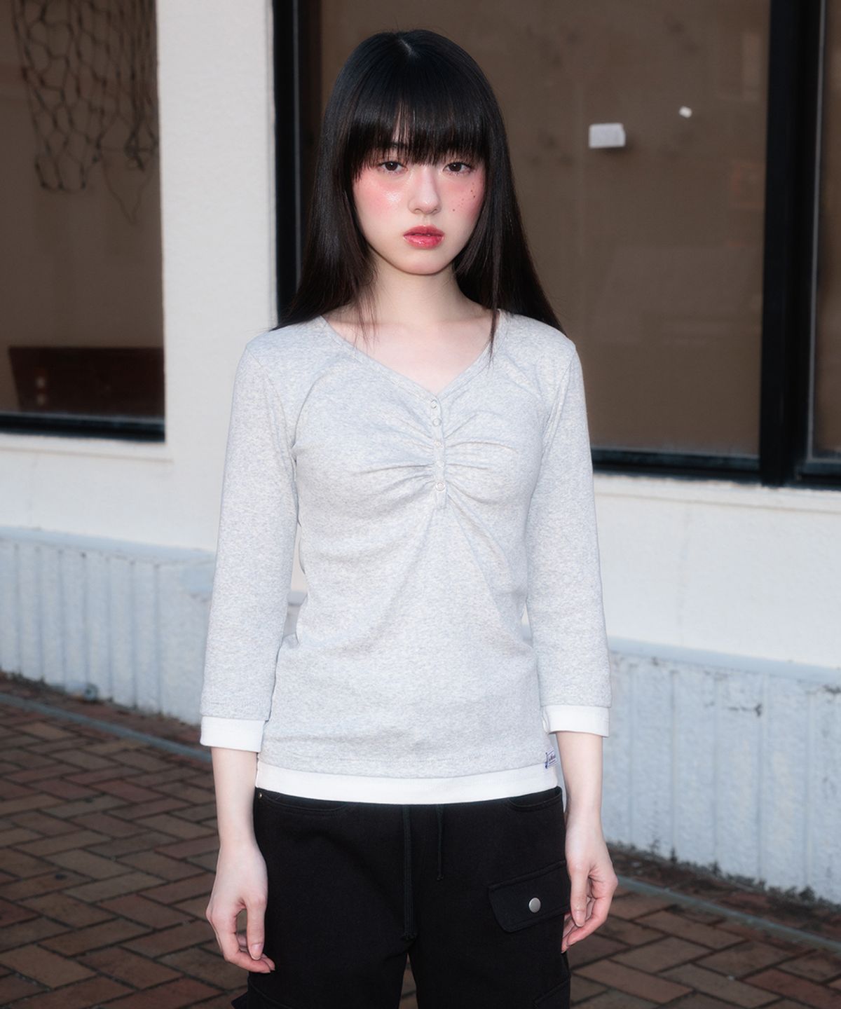 로제프란츠(ROSEFRANTZ) Shirring Button Layered Long Sleeve [White Melange]