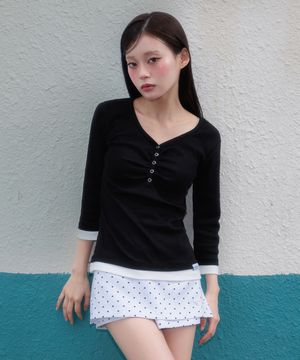 Shirring Button Layered Long Sleeve [Black]