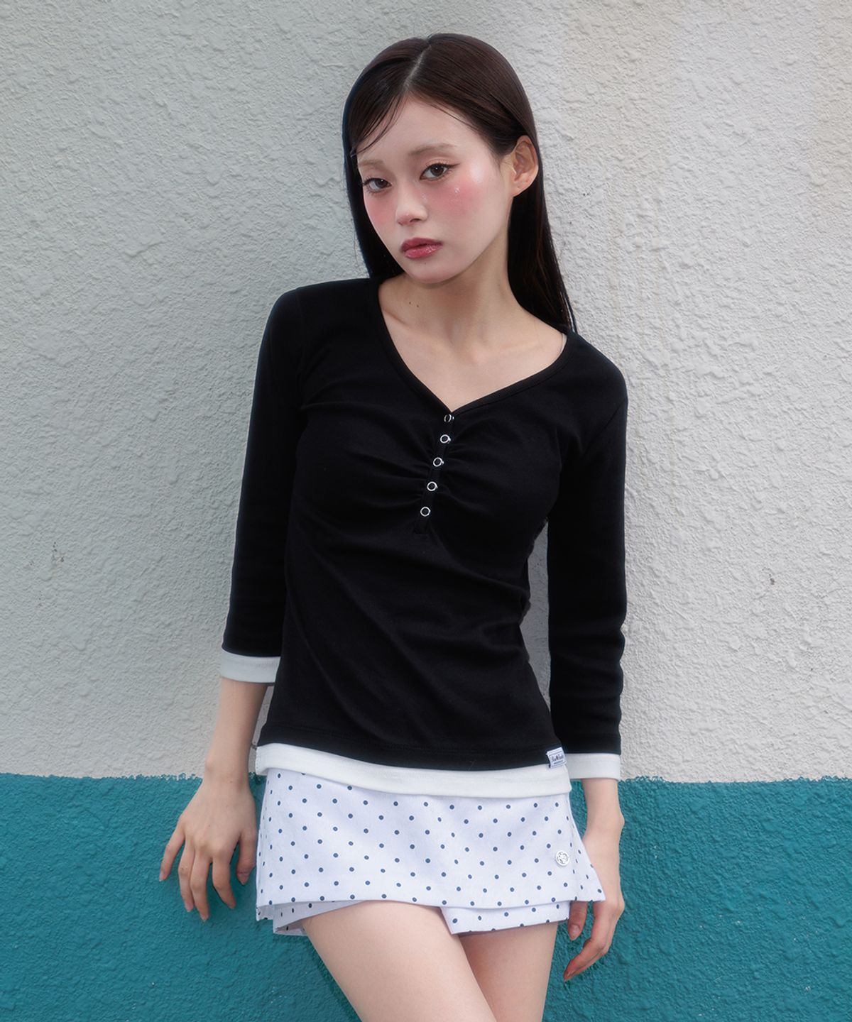 로제프란츠(ROSEFRANTZ) Shirring Button Layered Long Sleeve [Black]