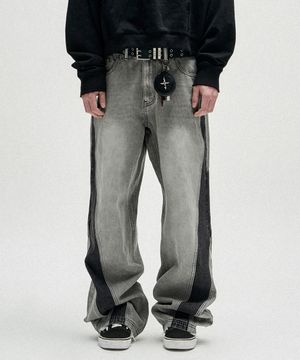 Two Tone Curved Denim Pants - Black